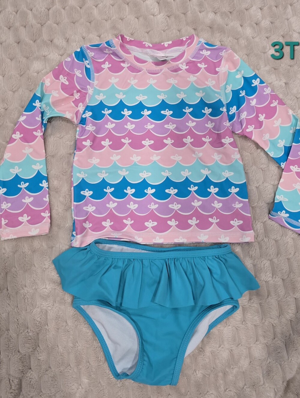Girls Long-Sleeve Rashguard Two-Piece Swim Set - Pink, Purple & Aqua